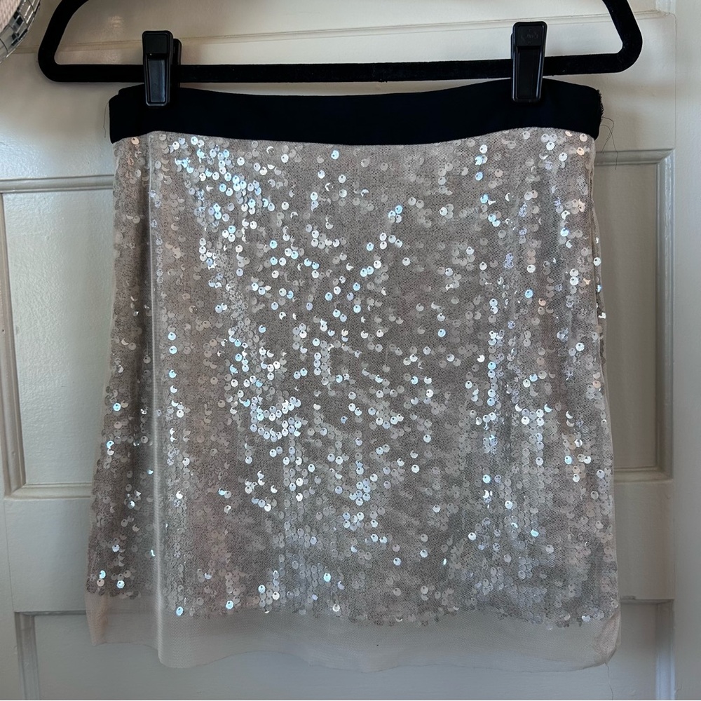 Tramp Champagne Sequin Mini Skirt with Black Waistband